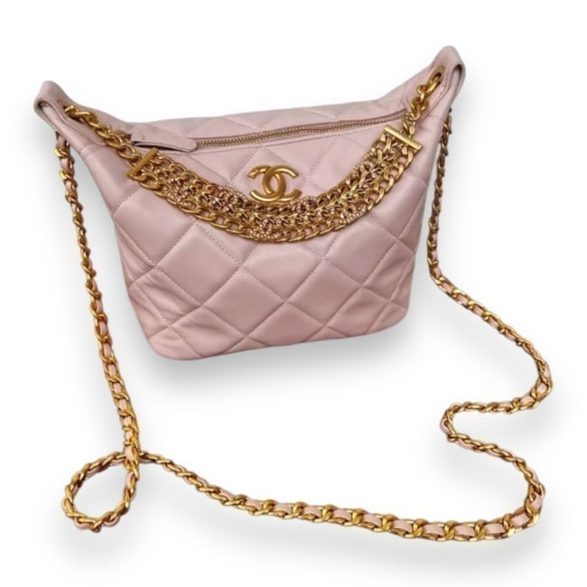 CHANEL Pink/White Rhinestone Halo Tall Quilted Beaute Shoulder Bag & Original Box: • CHANEL • Tall Halo Bag • Pink • Quilted Pattern • Pink/White Rhinestone Covered Halo • Gold Tone Hardware • Certificate Of Authenticity Included • Shoulder Ba