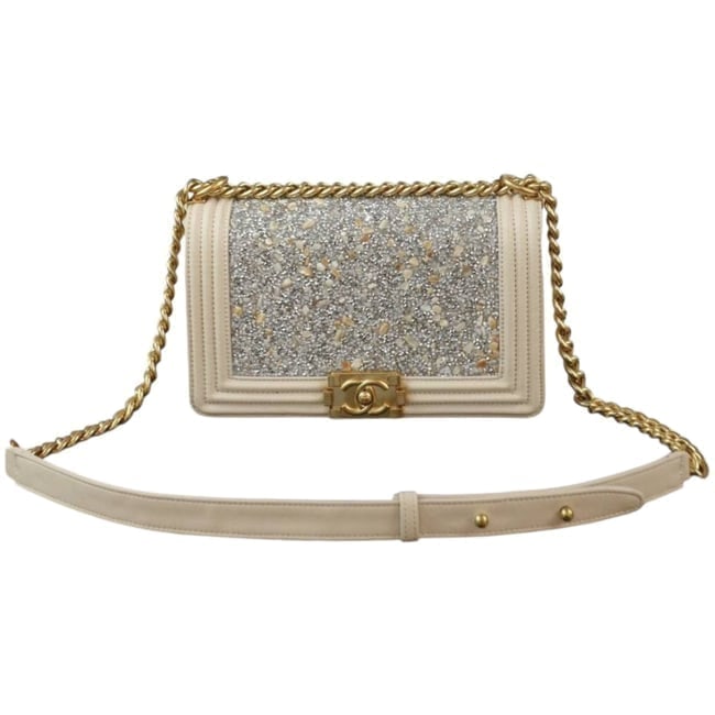CHANEL White/Gold Stone Covered Le Boy Beaute Bag, Dust Bag, & Original Box: • CHANEL • Le Boy Bag • White/Cream • Silver & Gold Stone Accents • Gold Tone Hardware • Chain Strap • Adjustable Strap • Signature Push Lock Open/Close &