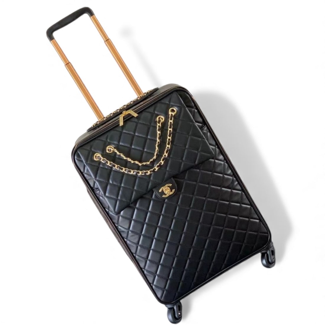 CHANEL Black/Gold Quilted Front Chain Detail Rolling Beaute Suitcase (1 of 4)