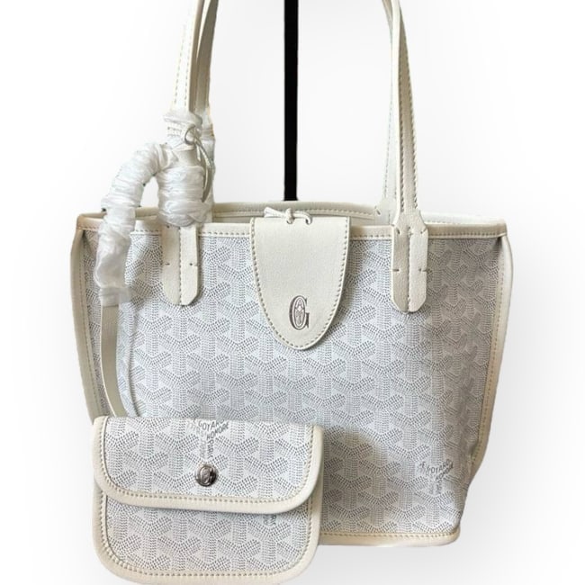 Goyard White/Silver Anjou Mini Beaute Bag & Original Gift: • Goyard • Anjou Mini • Double Handles • White • Signature Print • Pouch Included • Silver Tone Hardware • Front Logo • Shoulder Carry • Original Gift
