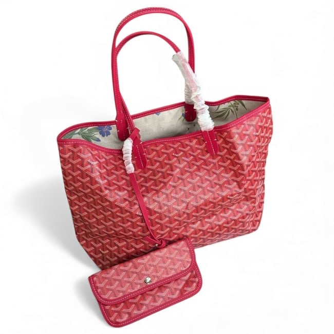 Goyard Red St. Louis Signature Print Beaute Tote & Original Gift Bag: • Goyard • Color: Red • Type: Tote • Handles: Double Handles • Interior Color: Floral Print • Pattern: Signature Chevron Print • Feature: Removable Pouch Included &b