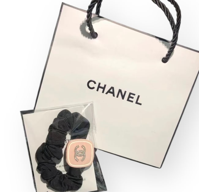 CHANEL Pink/White Rhinestone CC Logo Square Scrunchy & Original Gift Bag: • CHANEL • Gabrielle • Scrunchy/Hair Tie • Pink • White Rhinestone CC Logo • White Trim • Black Scrunchy • Shape: Square • L.A Collection •