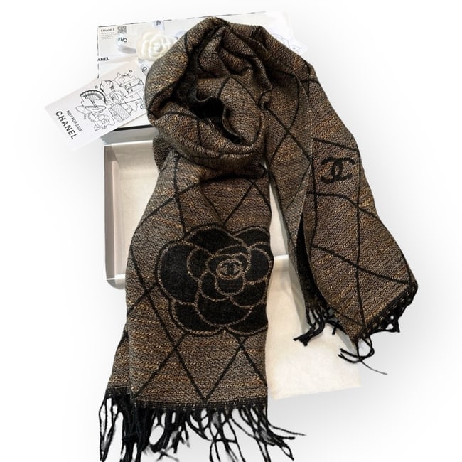 CHANEL Black & Brown Camelia Print Beaute Scarf & Original Box (1 of 6)