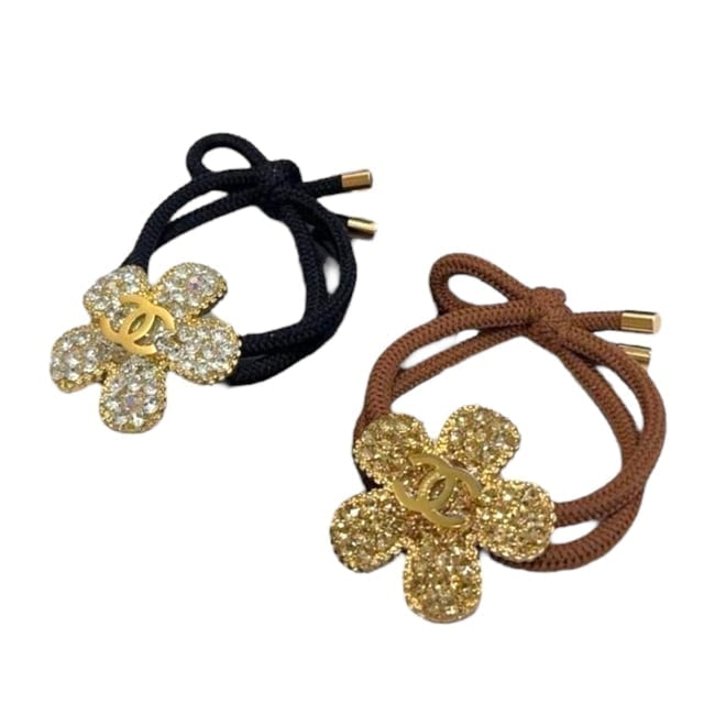 CHANEL 2Pc Set Gold & Silver Rhinestone Flower Beaute Hair Ties & Gift Bag (1 of 6)