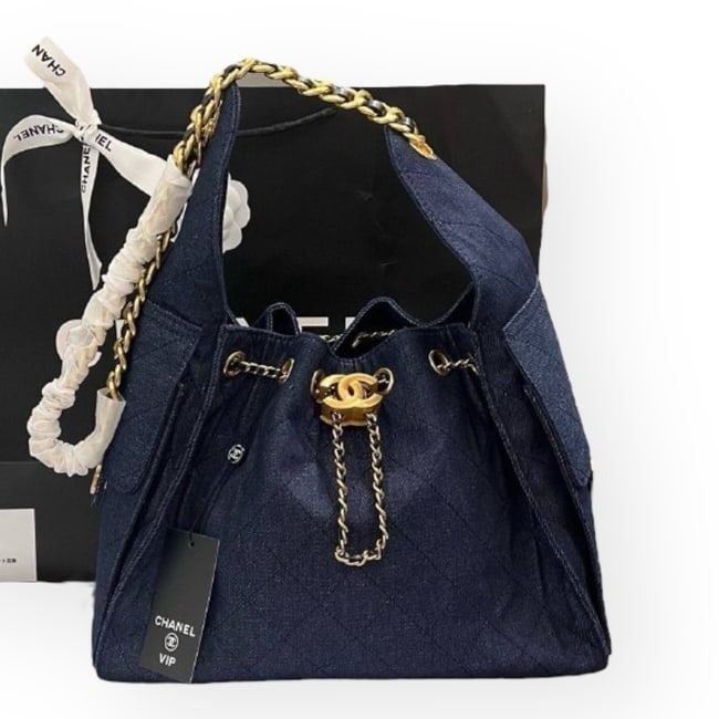 CHANEL Quilted Dark Denim/Gold Top Handle Hobo Beaute Bag & Original Gift Bag (1 of 8)