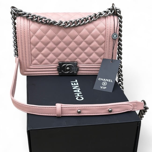 CHANEL Pink & Silver Caviar Quilted Le Boy Beaute Bag & Original Box (1 of 10)