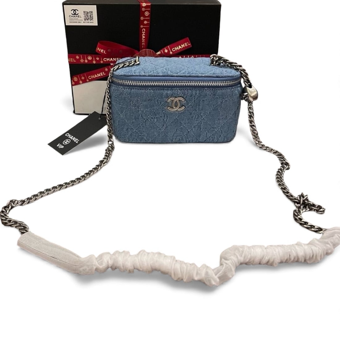 CHANEL Denim/Silver Floral Print Vanity Beaute Case & Mirror W Heart Chain & Box (1 of 8)