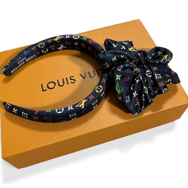 Louis Vuitton 2Pc Set Black Multicolor Beaute Headband & Scrunchy & Original Box (1 of 8)