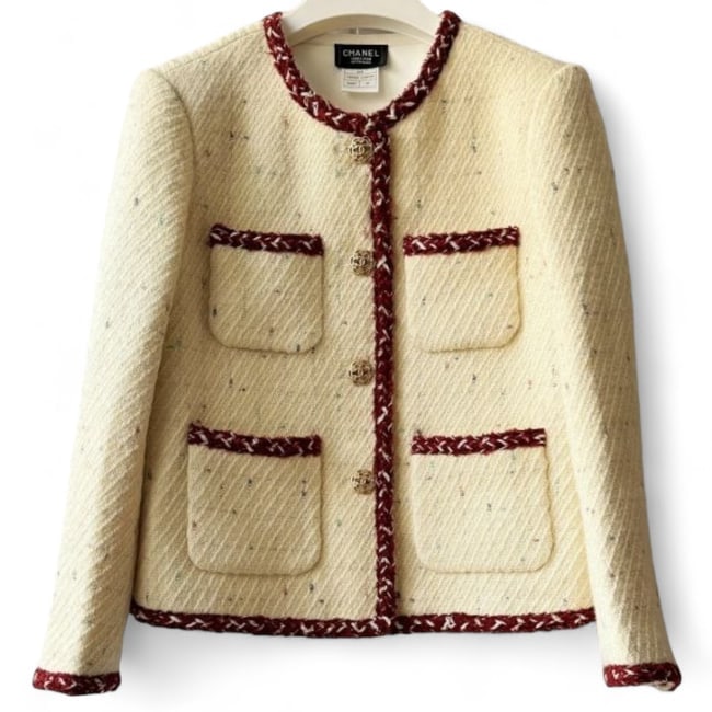 CHANEL White & Red/Rhinestone Detailed Button Up U.L Long Sleeve Jacket (1 of 7)