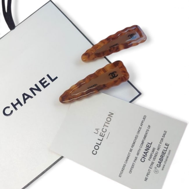 2Pc Lg Tortoise/Black CC Triangle Hair Clips & Original Gift: • CHANEL • 2Pc Set • Gabrielle • Hair Clips • Color: Transparent Tortoise • Black Accents • Top Logo • Shape: Triangle • Size: Large • L.A Collection