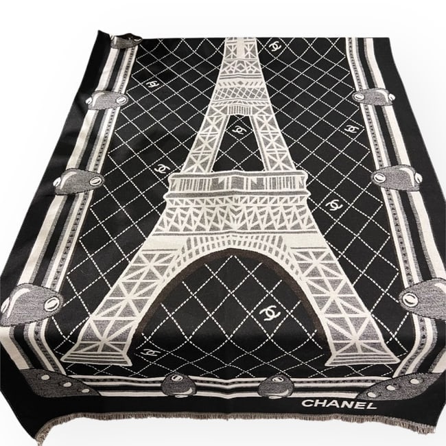 CHANEL Black/White Eiffel Tower Print Beaute Scarf & Original: • CHANEL • Scarf • Black • White Accents • Eiffel Tower Decorated • CC Logo • Quilted Pattern • 73" x 25" (in) • Original Box Included • Makeup/Diffus