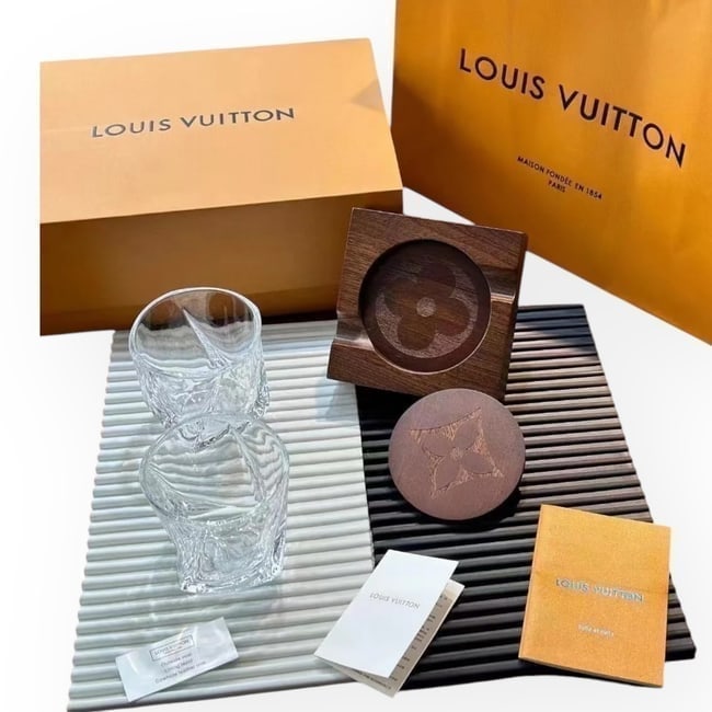 5Pc Custom Louis Vuitton Glass/Monogram Coaster Set & Original Box: • Custom Louis Vuitton Glass & Coaster Set • 5 Piece Set: • 2 Glasses Included • 2 Wood Monogram Engraved Coasters Included • 1 Wood Monogram Engraved Coaster Holder Included