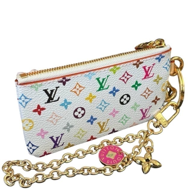 Louis Vuitton Takashi Murakami Card Holder On Chain & Original Box: • Louis Vuitton • Takashi Murakami • Card Holder • White Multicolor Monogram • Gold Tone Hardware • Zip Closure • Pink Interior • Removable Hanging Charms