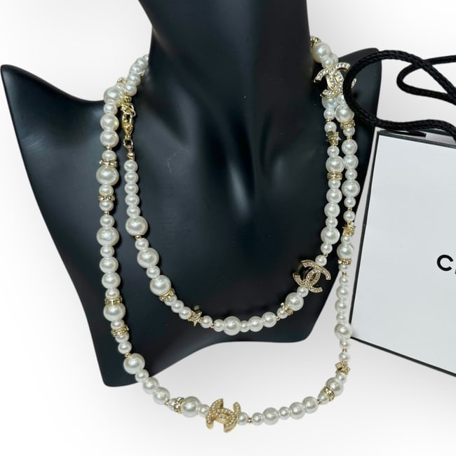 CHANEL White/Gold Pearl & Rhinestone CC Logo Beaute Necklace Or Wrap Around Bracelet (1 of 8)