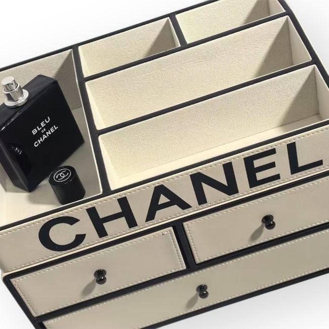 CHANEL Lg Stackable Counter Storage With Slots & Drawers: • CHANEL • Stackable • Counter Storage • Drawers • Separate Tray Slots • Large • Front Logo