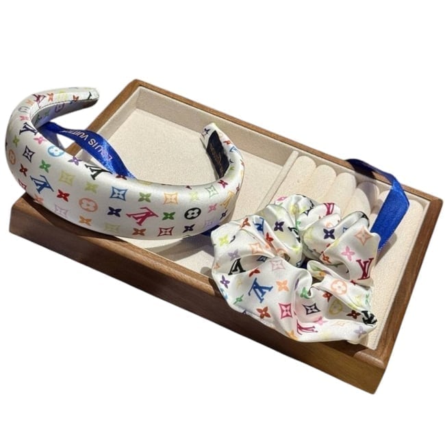 Louis Vuitton 2Pc White Multicolor Beaute Headband & Scrunchy: • Louis Vuitton • 2 Pc Set • Headband Included • Scrunchy Included • White Multicolor • Monogram Pattern • Original Gift Bag Included