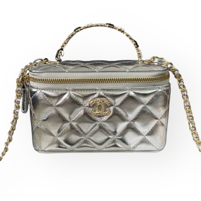 CHANEL Silver Quilted Floral Top Handle Vanity Beaute Bag & Original Box (1 of 8)