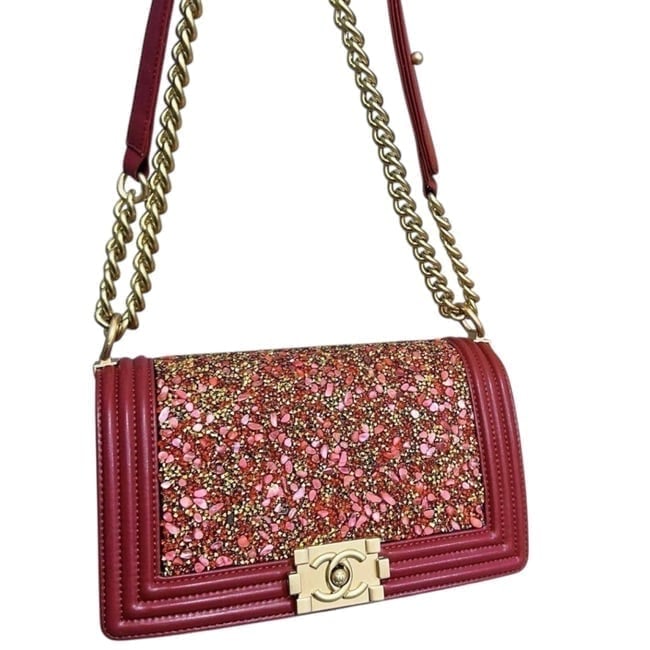 CHANEL Red/Gold Stone Covered Le Boy Beaute Bag, Dust Bag, & Original Box: • CHANEL • Le Boy Bag • Red • Gold & Red Stone Accents • Gold Tone Hardware • Chain Strap • Adjustable Strap • Signature Push Lock Open/Close • Interior Sl