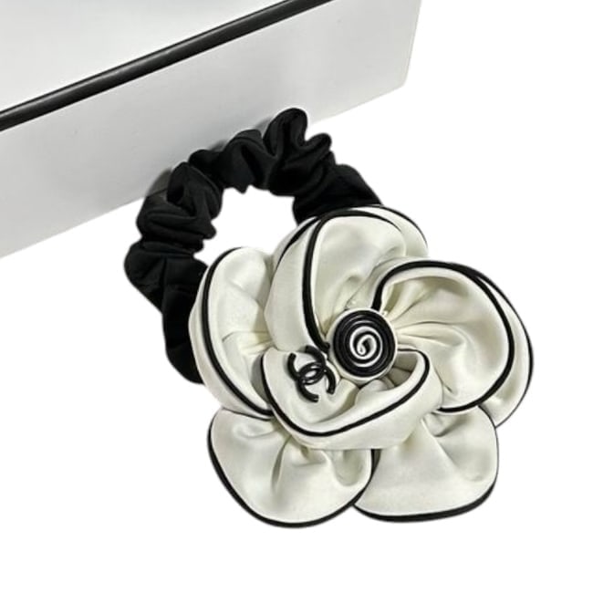 CHANEL White & Black Camelia Flower Hair Scrunchy & Gift Bag (1 of 4)