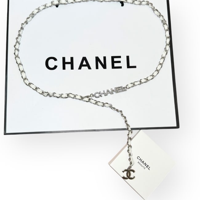 CHANEL White/Silver Rhinestone Covered Logo Beaute Belt & Gift Bag (1 of 4)