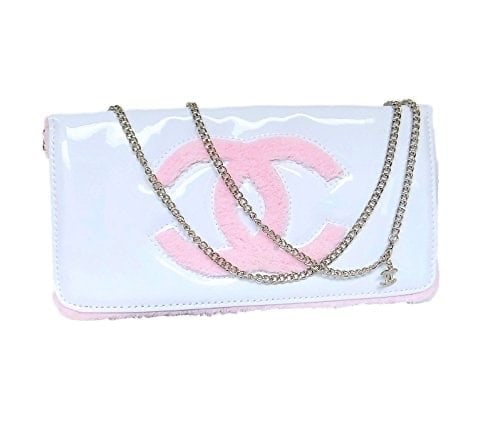 CHANEL White/Pink & Silver Precision Line Front Logo Clutch Beaute Bag: • CHANEL • Certificate Of Authenticity Included • White • Pink Accents & Front Logo • Silver Tone Hardware • Chain Strap • Clutch Bag • Snap Closure &bull