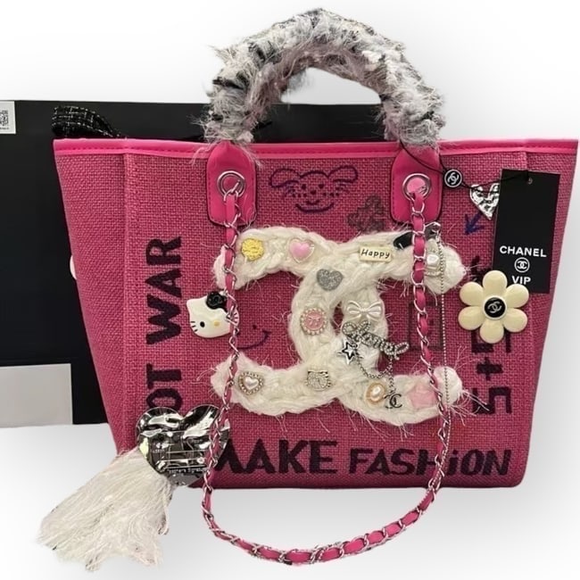 CHANEL Hot Pink Decorative Deauville Beaute Tote & Original Gift Bag: • CHANEL • Hot Pink • Deauville • Tote • Decorative Front CC Logo • Double Handles • Intertwined Leather Chain Strap • 2 Way Optional Carry • Snap Closure