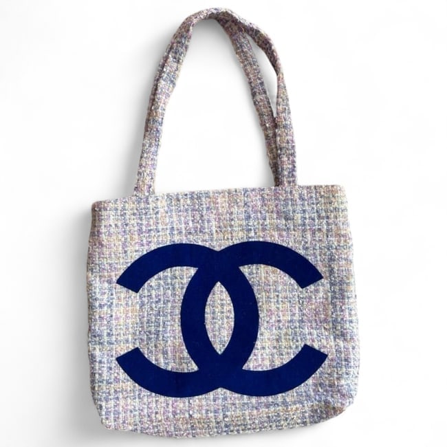CHANEL Purple Multi/Blue CC Double Handle Beaute Tote: • CHANEL • Type: Tote • Color: Purple Multicolor • Feature: Blue Front CC • Closure: Snap Closure • Handles: Double Handles • Hardware: Silver Tone • Edition: U