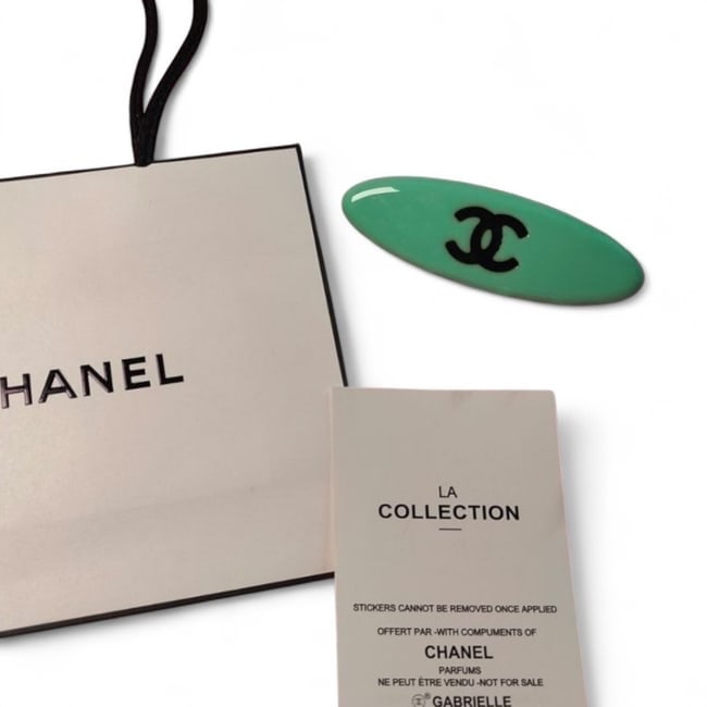 CHANEL Teal/Front CC Long Oval Beaute Hair Clip & Gift Bag: • CHANEL • Gabrielle • Hair Clip • Teal • CC Logo • Silver Tone Hardware • Shape: Lg Long Oval • L.A Collection • Original Gift Bag Included