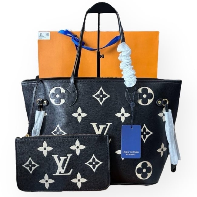 Louis Vuitton Black Mono/Creme Neverfull PM Beaute Bag & Original Gift Bag: • Louis Vuitton • Neverfull PM • Black • Creme Accents • Monogram Pattern • Double Handles • Interior Zip Pocket • Matching Removable Pouch Included &bull