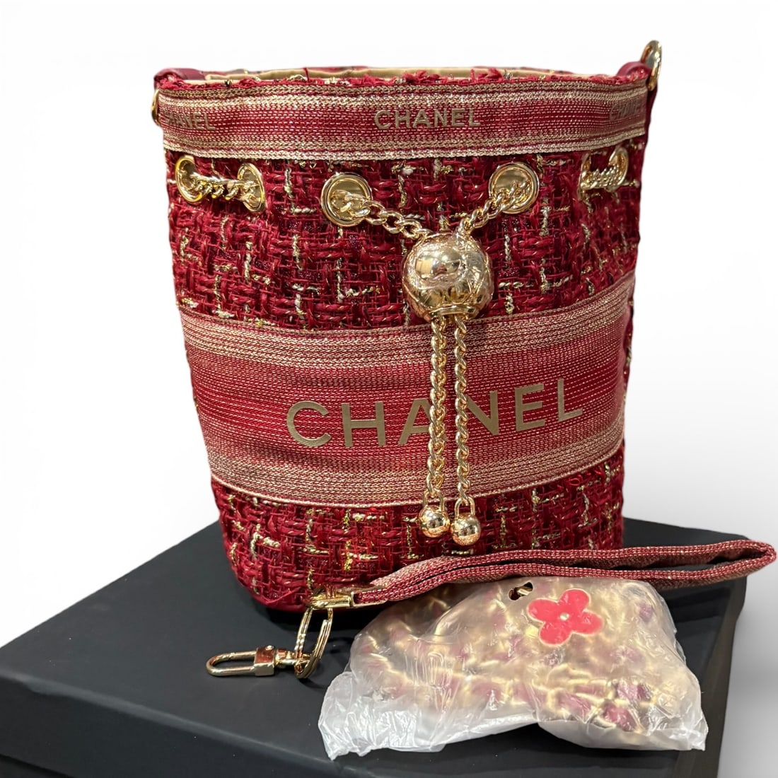CHANEL Pink Tweed/Gold Mini Beaute Bucket Bag W/ Charms & Original Box (1 of 6)