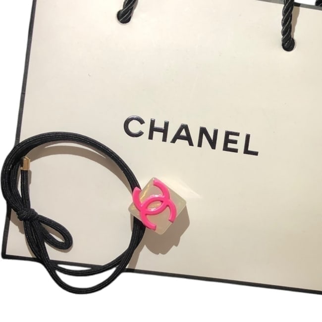 CHANEL Clear/Pink Cube CC Logo Hair Tie & Original Gift Bag (1 of 2)