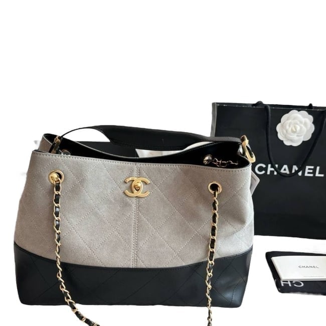 CHANEL Tan Suede/Black Quilted Hobo Shopping Beaute Bag & Original Gift Bag (1 of 10)