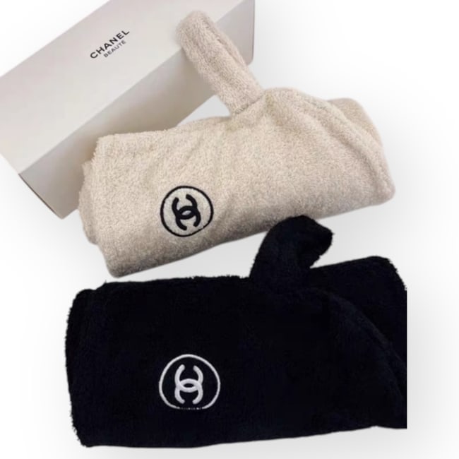 CHANEL Black Hair Drying/Wrap Around Beaute Towel & Box: • CHANEL • Hair Towel • Wrap Around/Hair Drying • Black • Front Logo • Original Box Included • Makeup/Beaute Line: Please note that gwp/beaute items are not sold in