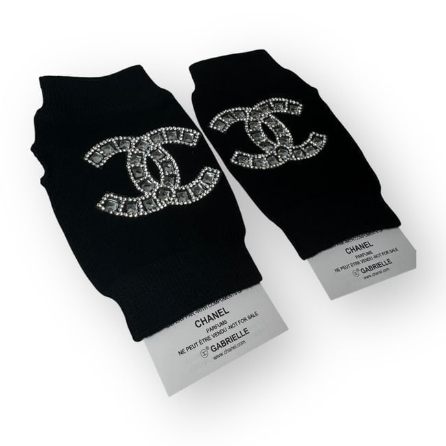 CHANEL Gabrielle Black Rhinestone Logo Gloves/Handwarmers: • CHANEL • Black • Gabrielle • Silver Rhinestone CC Logo • Hand-warmers/Gloves • Open Finger • One Size • L.A Collection • Makeup/Diffusion Line: Ple