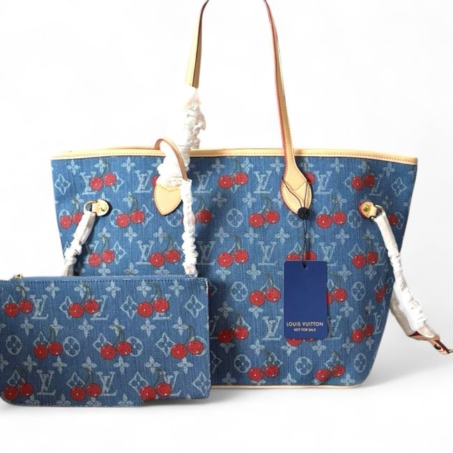 Louis Vuitton Denim Cherry Print Neverfull MM Beaute Tote & Removable Pouch (1 of 9)