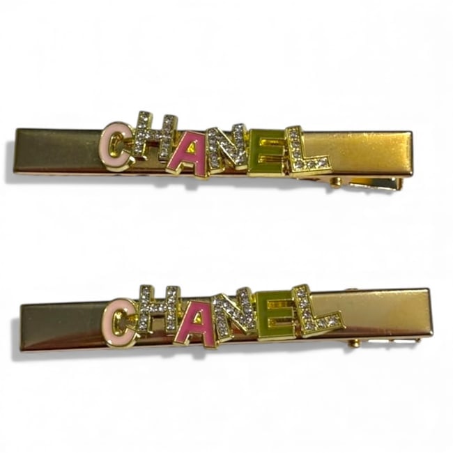 CHANEL 2Pc Gold/Colorful Rhinestone Logo Hair Clips & Gift Bag (1 of 4)