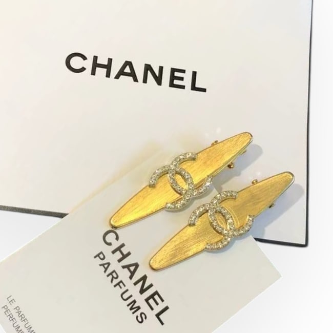 CHANEL 2Pc Lg Gold/Rhinestone CC Long Oval Hair Clips & Gift Bag (1 of 4)