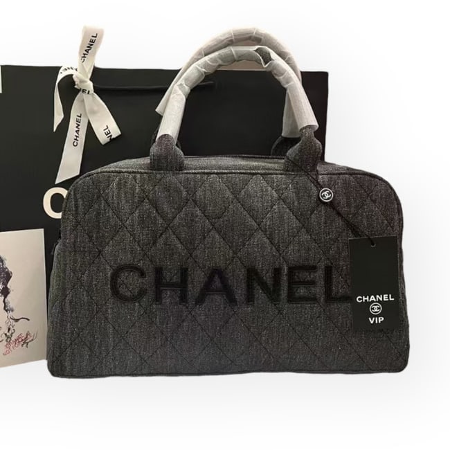 CHANEL Black Denim/Black Quilted Beaute Bowler Bag & CHANEL Gift Bag (1 of 8)