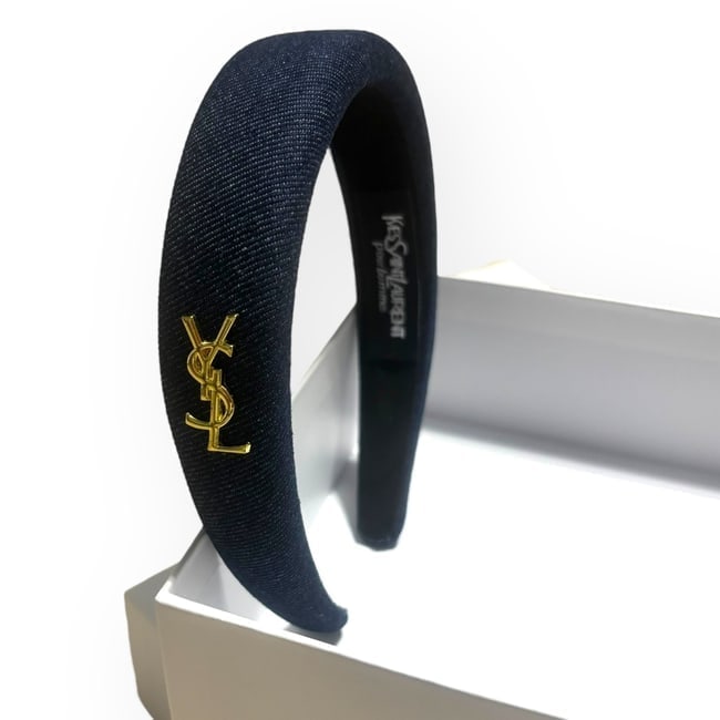 YSL (Saint Laurent) Dark Blue Denim & Gold Logo Beaute Headband: • YSL (Saint Laurent) • Headband • Denim • Dark Blue • Gold Tone Hardware • Side Logo • One Size • Original Box Included • Makeup/Diffusion Line: Ple