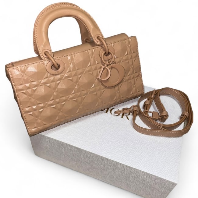 Christian DIOR Coral Pink Diamond Motif Lady Dior Beaute Bag & Original Box: • Christian DIOR • Color: Coral Pink • Diamond Pattern • Lady Dior • Signature Front Logo Charms • Removable Strap Included • Top Handle Or Shoulder Carry • Dou