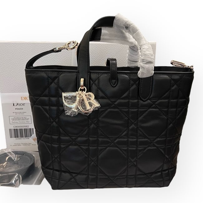 Christian DIOR Black/Gold Cannage Beaute Bag & Original Box: • Christian DIOR • Black • Gold Tone Hardware • Signature DIOR Charms • Cannage Pattern • Top Handle Or Shoulder Carry • Removable Strap • Interior Slip Pocket