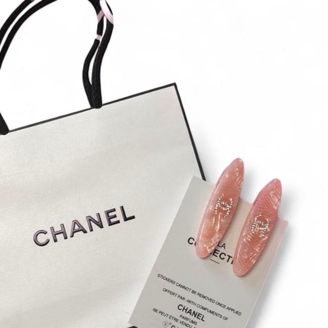 CHANEL 2Pc Lg Pink Opal/Rhinestone CC Beaute Hair Clips & Gift Bag: • CHANEL • 2Pc Set • Hair Clips • Gabrielle • L.A Collection • Pink Opal • Rhinestone CC • Gold Tone Hardware • Shape: Lg Long Skinny Oval &bu