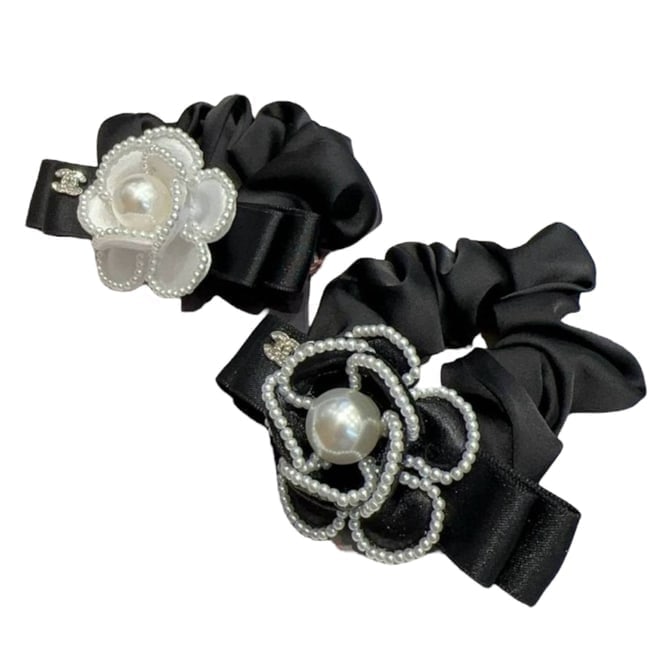 CHANEL Black OR White Floral/Pearl Detailed Beaute Hair Scrunchy (1 of 4)