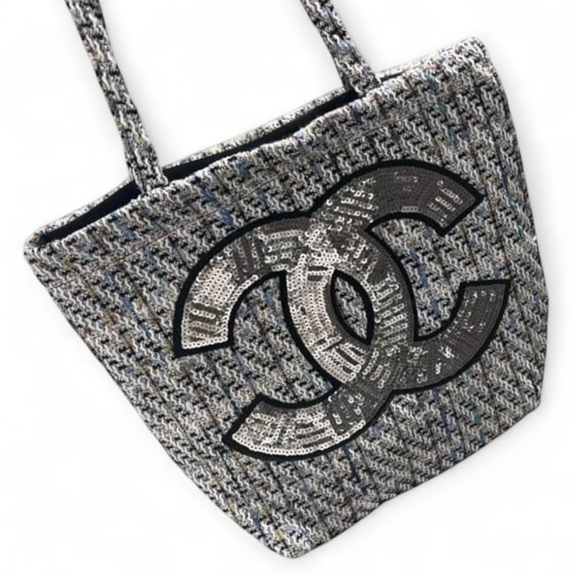 CHANEL Grey/Silver Sequined Front CC Logo Beaute Tote (1 of 7)