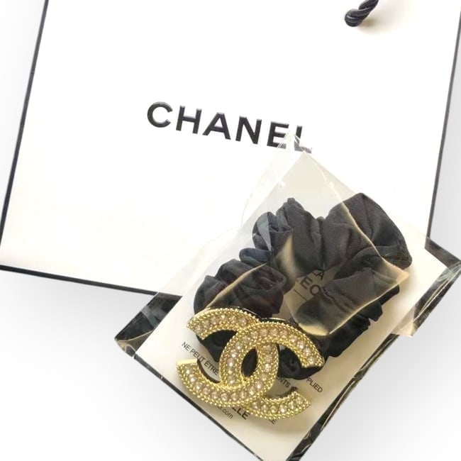 CHANEL White Rhinestone Accented Gold CC Hair Scrunchy & Gift Bag (1 of 2)