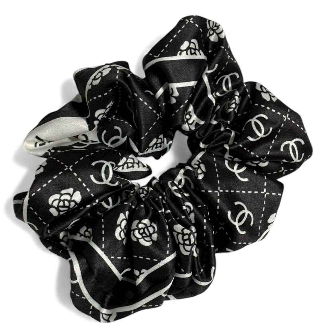 CHANEL XL Black & White Logo/Floral Print Beaute Scrunchy: • CHANEL • Hair Scrunchy • Black • White Accents • Logo/Floral Print • Size: Xl • Original Gift Bag Included