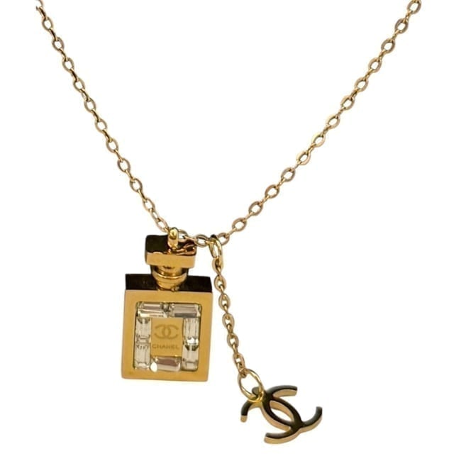 CHANEL Gold/Rhinestone Perfume Bottle Beaute Necklace & Gift Bag (1 of 5)
