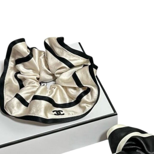 CHANEL Creme/Black Striped CC Logo Beaute Hair Scrunchy: • CHANEL • Hair Scrunchy • Creme • Black Accents • Striped Detail • CC logo • Original Gift Bag Included
