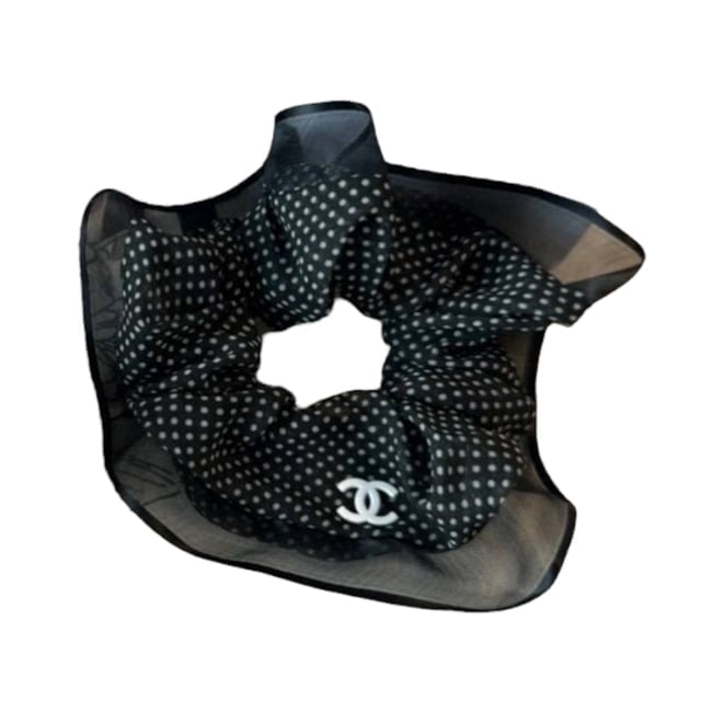 CHANEL Black/White Mesh Detail Beaute Hair Scrunchy: • CHANEL • Hair Scrunchy • Black • White Accents • Mesh Detail • Makeup/Diffusion Line: Please note that gwp/beaute items are not sold in boutique stores & some item's do