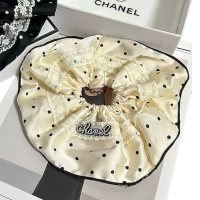 CHANEL White Lace/Rhinestone Logo Hair Scrunchy & Gift Bag (1 of 2)